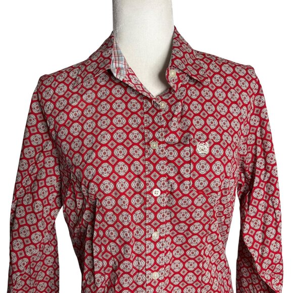 Cinch Button Up Long Sleeve Shirt Medium Red White Geometric Cotton Pocket - Picture 2 of 6